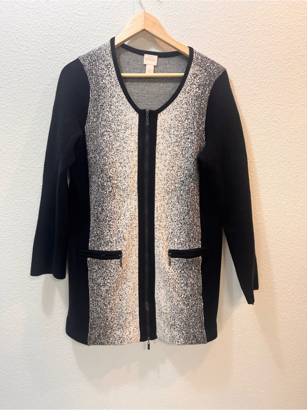 Chico's Black and White Zip-Front Knit Jacket